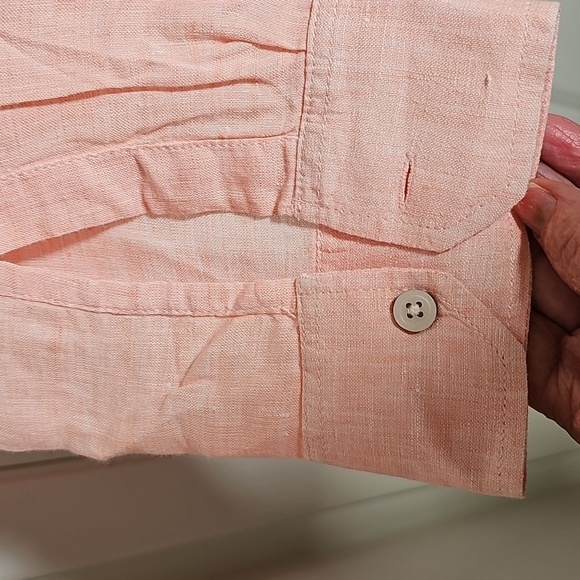 Men's Peach Linen Button Up Shirt. With Tab Sleeves. Sz Large - Picture 4 of 10